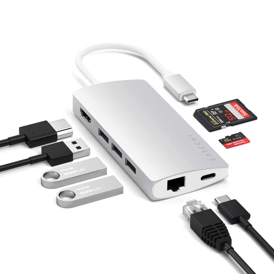 Adaptador Satechi Multi Portas USB-C 4K Com Ethernet V2 - Prata