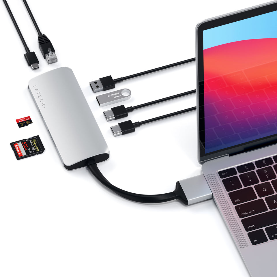 Adaptador Satechi Multimídia Duplo USB-C com HDMI e Ethernet - Prata