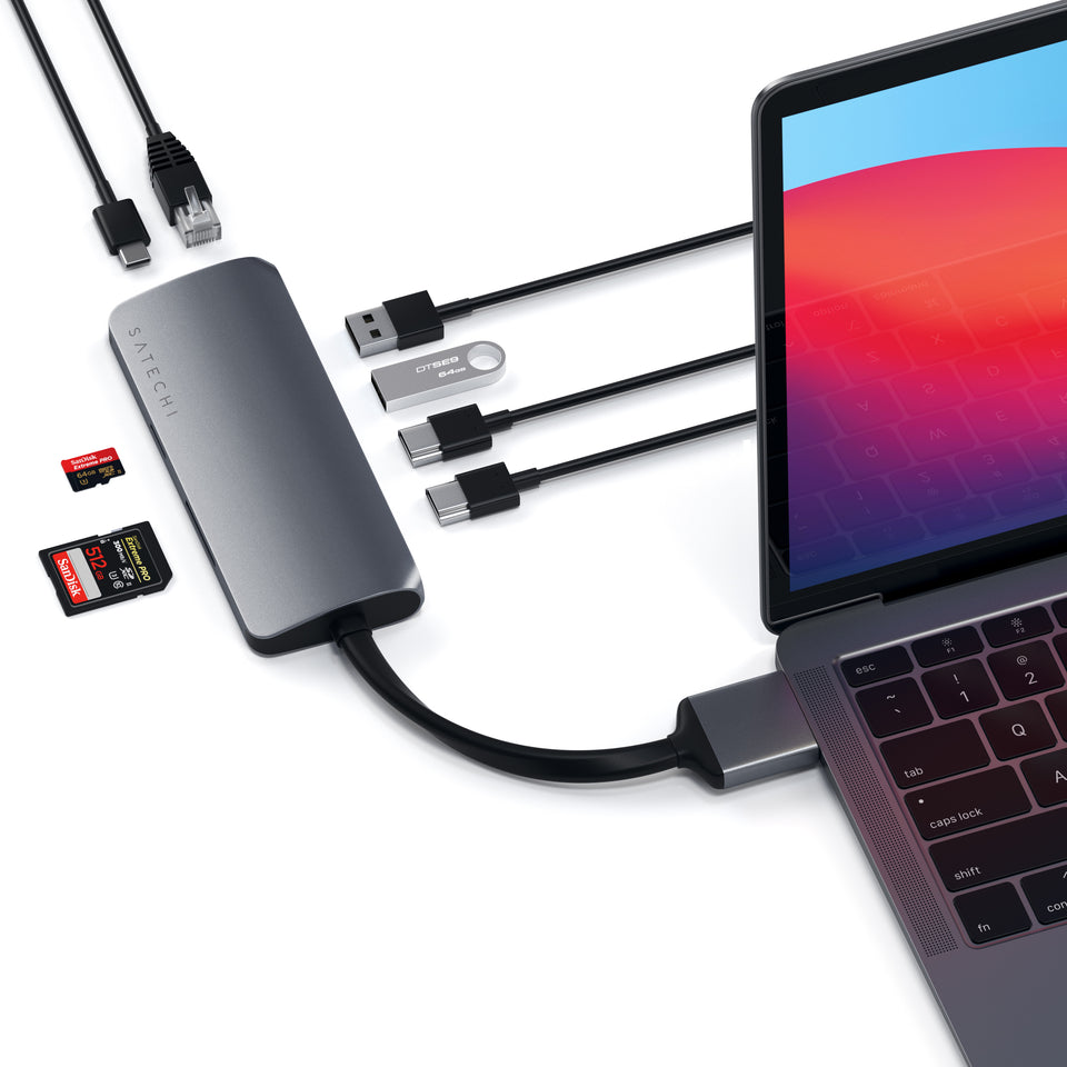 Adaptador Satechi Multimídia Duplo USB-C com HDMI e Ethernet - Cinza Espacial