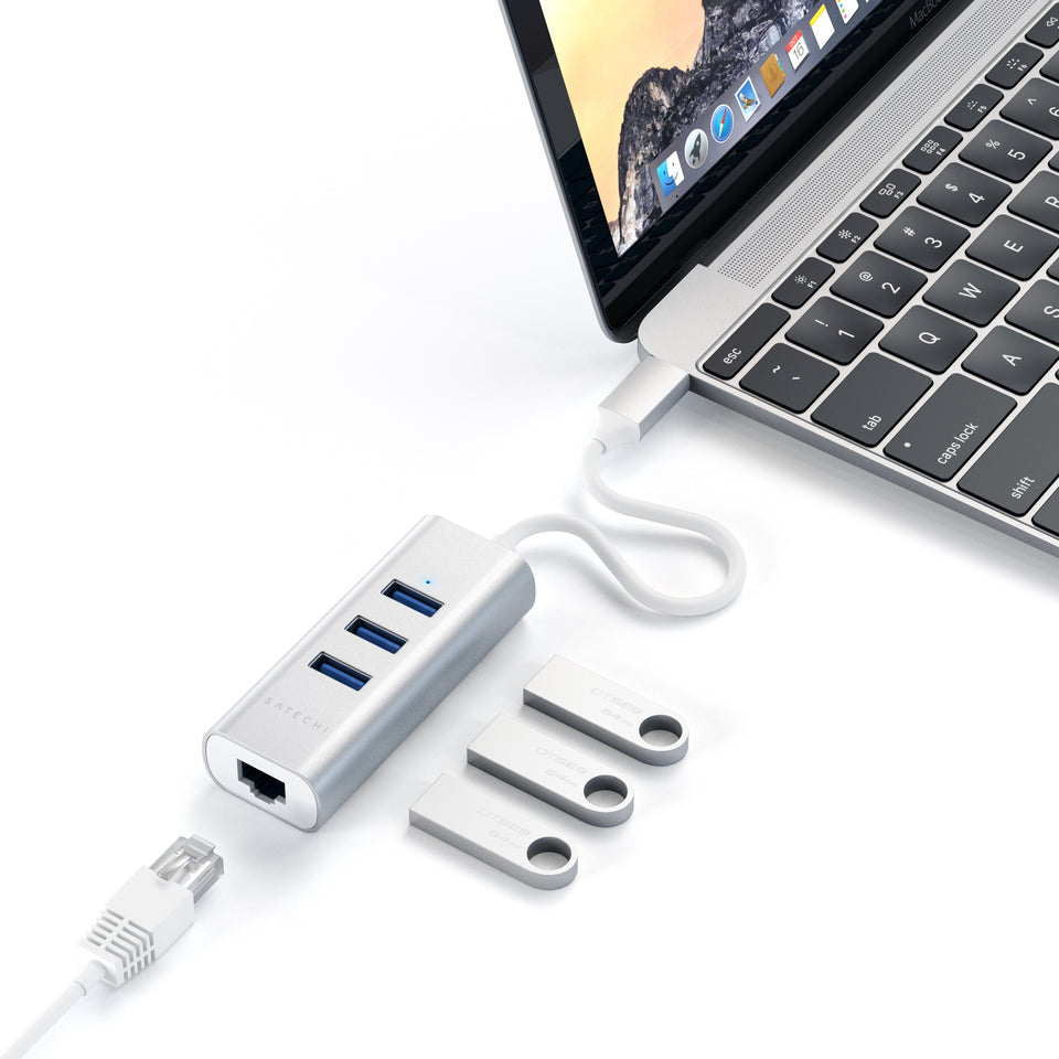 Adaptador e HUB Satechi USB-C 2 em 1 com Ethernet - Prata