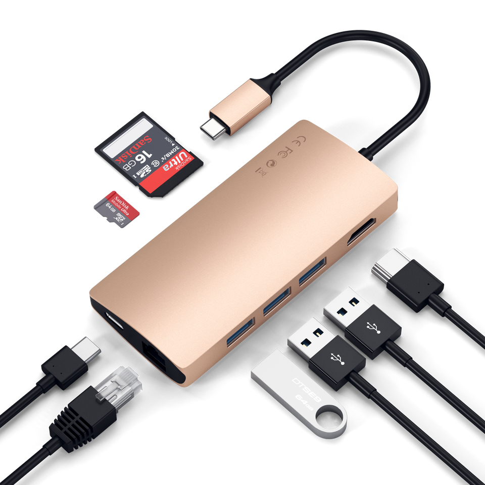 Adaptador Satechi Multi Portas USB-C 4K Com Ethernet V2 - Dourado