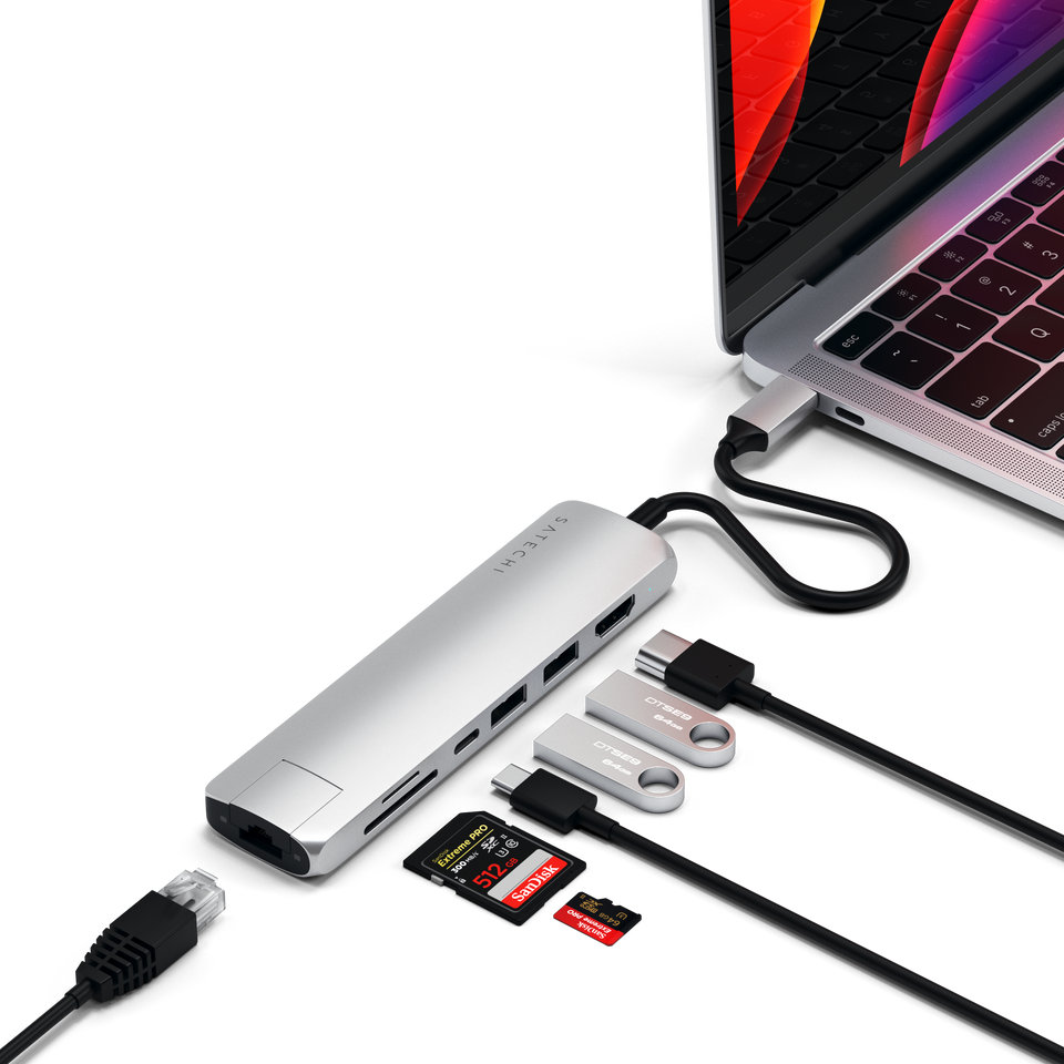 Adaptador Satechi Multi Portas USB-C Slim Com Ethernet - Prata