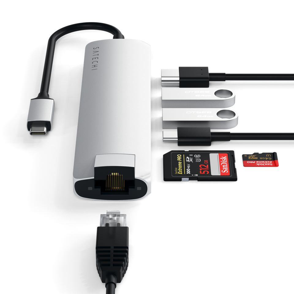 Adaptador Satechi Multi Portas USB-C Slim Com Ethernet - Prata