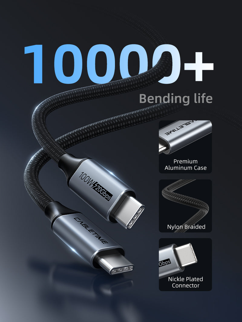 Cabo Cabletime USB3.2, 20Gbp, Saída de Vídeo 4k - USB-C Para USB-C - 1 Metro