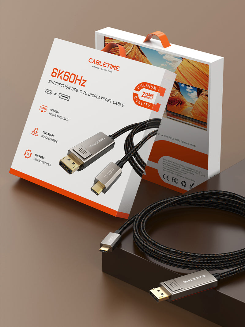 Cabo Cabletime Displayport Bidirecional, Saída de Vídeo 8k - USB-C Para Displayport - 2 Metros