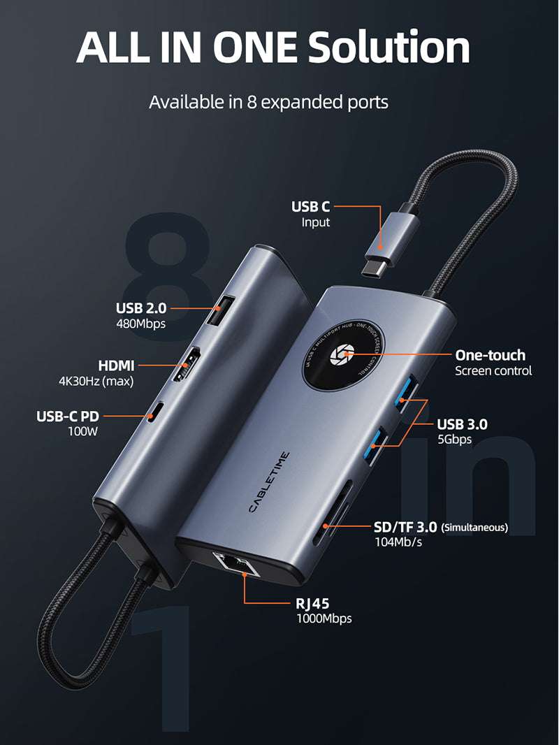 Adaptador Cabletime USB-C - 8 Em 1